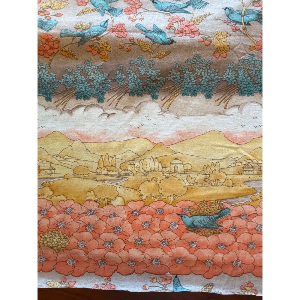 Vintage Scenic Stretch Fabric Blue Birds Orange Village Landscape Print 44"x56" - Picture 5 of 6